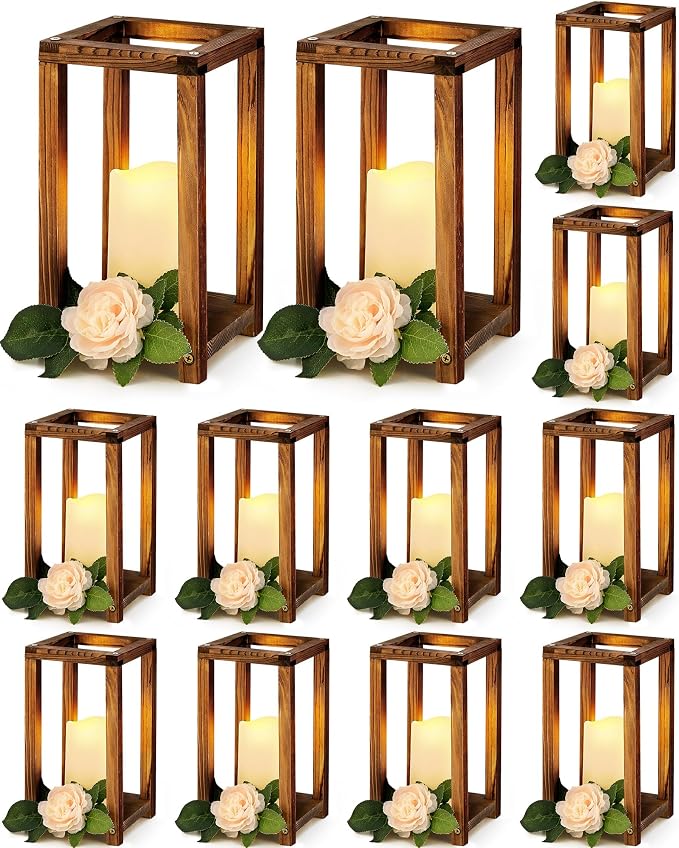 Huquary 24 Pcs/12 Set Wooden Wedding Lantern Centerpiece Rustic Lantern Candle Holders with Flameless LED Candles for Home Christmas Wedding Party Table Decoration(Brown)