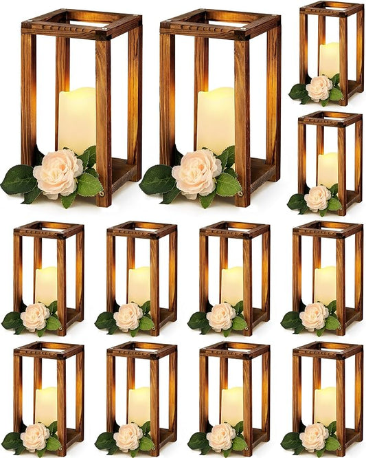 Huquary 24 Pcs/12 Set Wooden Wedding Lantern Centerpiece Rustic Lantern Candle Holders with Flameless LED Candles for Home Christmas Wedding Party Table Decoration(Brown)