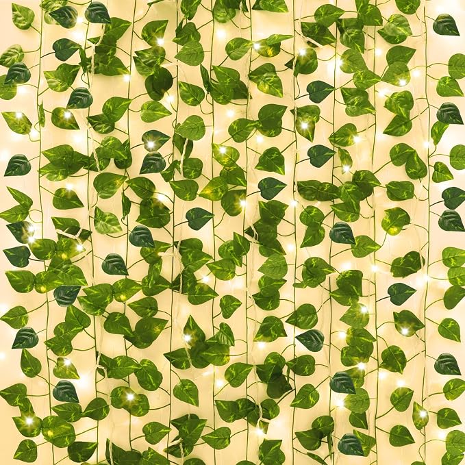 CEWOR 14 Pack 98ft Fake Ivy Vines, Artificial Ivy Garland with 100 LED String Lights, Hanging Plants Greenery Backdrop Green Leaves for Bedroom Room Wall Decor Wedding Party Table Decoration