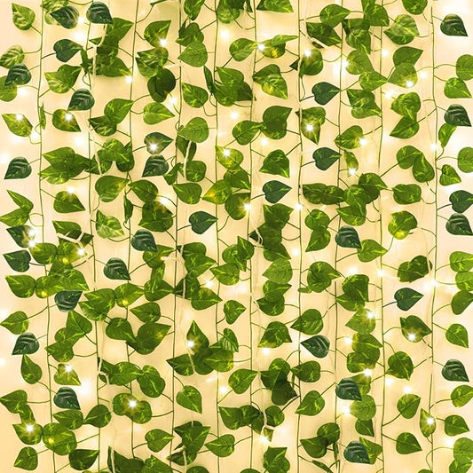 CEWOR 14 Pack 98ft Fake Ivy Vines, Artificial Ivy Garland with 100 LED String Lights, Hanging Plants Greenery Backdrop Green Leaves for Bedroom Room Wall Decor Wedding Party Table Decoration