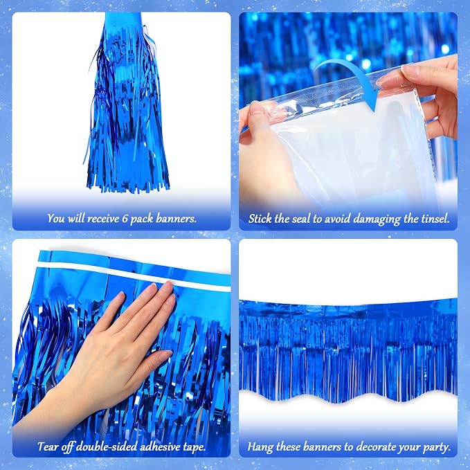 LOLStar Sapphire Blue Foil Fringe Tinsel Garland, Streamers Banner, 6 Pack | 60Ft Tinsel Streamers, Shiny Sapphire Blue Tinsel Fringe Banners for Graduation, 4th of July, Parade Float Party Decor