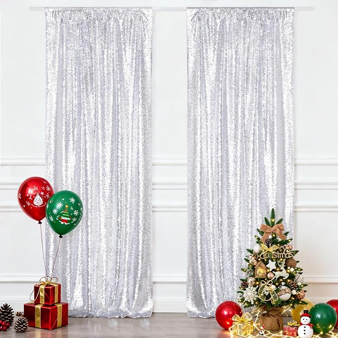 Eternal Beauty Sequin Backdrop Curtains, 2x8 Ft-2 Panels Silver Back Drop for Shimmer Photography Party Wedding Birthday Decor