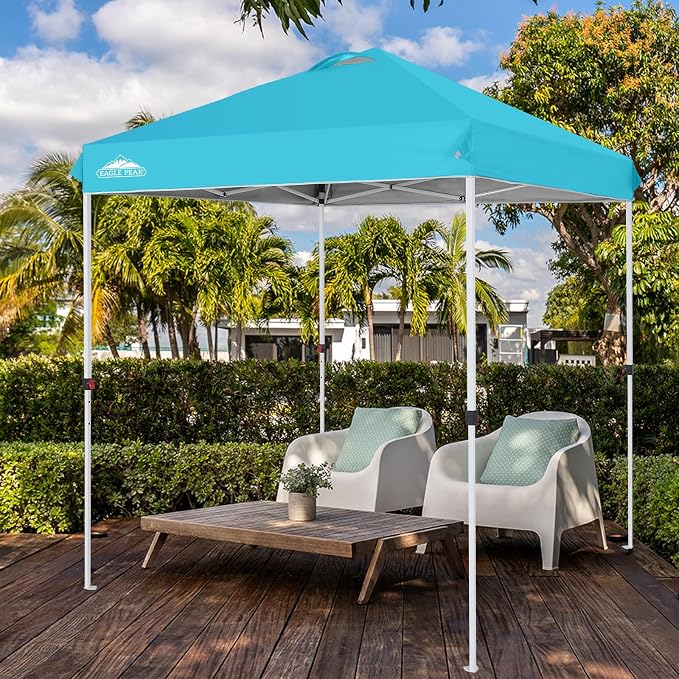 EAGLE PEAK Pop Up Canopy Tent with Wheeled Carry Bag, 8 Stakes, 4 Ropes, Easy Set Up Tent Canopy, 6.6x6.6 ft, Light Blue