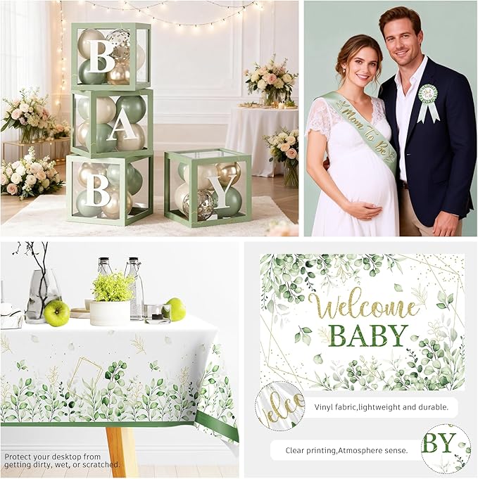 286 Pcs Sage Green Baby Shower Decorations Set-Serves 25 Guests -All-in-One Gender Neutral Party Supplies Kit Includes Balloon Arch, Backdrop, Tableware Set, and Sash