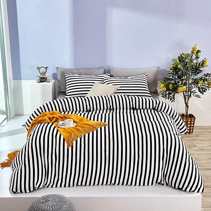 KAREVER White Black Stripes Comforter Set King Women Bedding Set Soft Durable White Striated Bedding Set