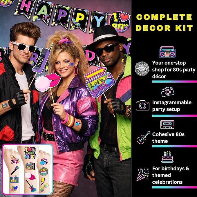 Premium 80s Party Decorations, Back to the 80s Birthday Party Decorations with Fabric Backdrop, Tattoos, Balloon Garland, Banner, Table Decor, Photo Props, Cake Toppers for Birthday Party, and More