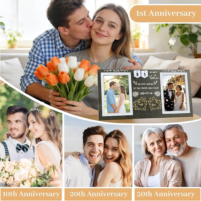 Then & Now Anniversary Picture Frame – Anniversary Wedding Gift for Couple & Parents, 1–99 Years Double 4x6 Picture Frame with Number Cards & Greeting Card (Dark Green)