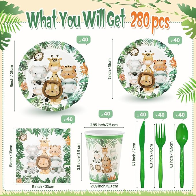 Ziliny 280 Pcs Jungle Safari Animal Paper Plates and Napkins Paper Cups Plastic Knives Forks Spoons Disposable Tableware Set for Baby Shower Safari Theme Birthday Party Supplies, Serve 40