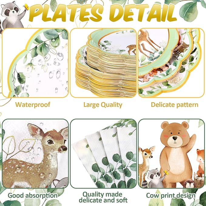 Potchen 452 Pcs Party Supplies Serve 50 Guests, Paper Plates Napkins Cups Cutlery Plastic Tablecloth Dinnerware for Birthday Wedding Party Decoration (Sage Green, Woodland)