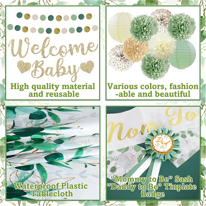 Sage Green Baby Shower Decorations Gender Neutral Baby Shower Decorations Welcome Baby Banner Sage Green Balloons Paper Lanterns Pom Poms Flowers Tablecloth Tassels Mom to Be Sash Dad to Be Pin