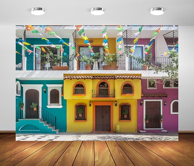 BELECO 5x3ft Fabric Mexican Old Streets Backdrop Traditional Colorful Houses Building Paper Flags Mexican Fiesta Background Mexican Theme Party Decorations Photo Booth Studio Props