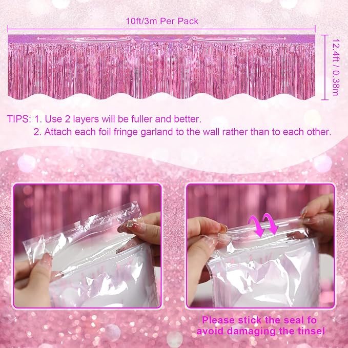 LOLStar Pink Foil Fringe Tinsel Garland, Tinsel Streamers Banner, 6 Pack | 60Ft Metallic Tinsel Streamers Banner, Glitter Photo Booth Props for Wedding, Parade Float, Gender Reveal Party Decor