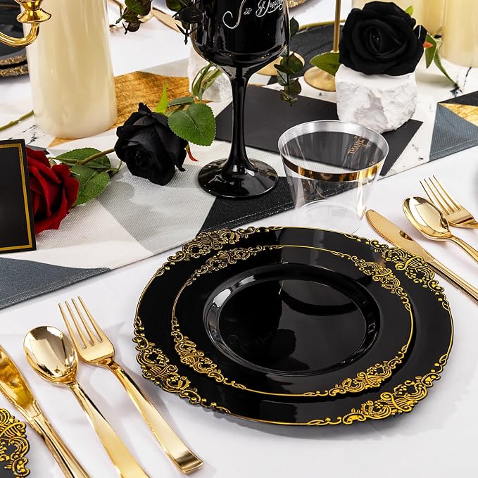 Nervure 600PCS Gold Plastic Dinnerware - Black and Gold Disposable Plates for 100 Guests - 200 Disposable Plates, 300 Plastic Silverware, 100 Cups for Wedding & Party