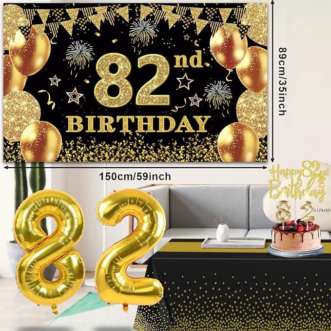 82nd Birthday Decorations Men Women with Banner, Black and Gold Table Cloth, Number Balloons, Sash, Cake Topper and Candles