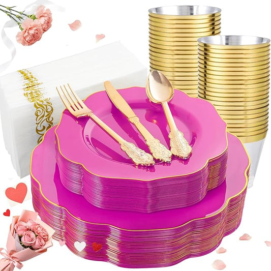 NOCCUR 175PCS Hot Pink Plastic Plates with Gold Disposable Silverware - Include 50 Hot Pink Plates,25 Knives,25 Forks,25 Spoons,25 Cups and 25 Napkins - Ideal for Party/Mother's Day