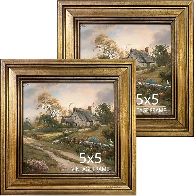 5x5 Picture Frame Vintage Gold Set of 2 for Tabletop & Wall Mount | 5 x 5 Photo Frame for Living Room, Bedroom, Office Décor & Father's Day Graduation Wedding Gift