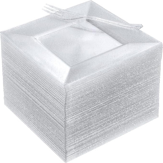 DaYammi 200Pcs Dessert Plates Set Including:100Pcs Cake Plates 6" with 100Pcs Silver Forks 5.7"- Silver Glitter Disposable Square Plate,Appetizer Plates and Forks Combo Bulk Set for Party Wedding