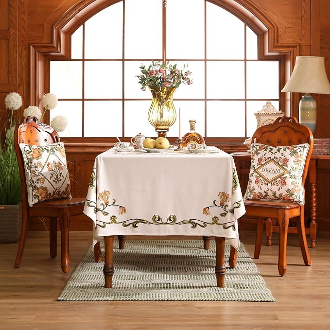 patdrea Vintage French Linen Tablecloth,Rectangular,87"x63"-Santiago C | Beautiful Print Table Cloth for Rectangle Table,Colorful Floral Patterned,for Dining Room Tea Party Thanksgiving