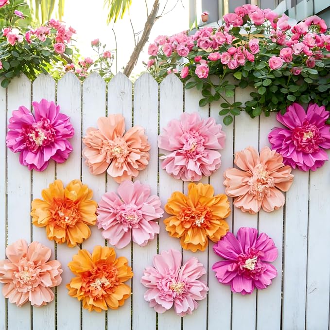 SUNBEAUTY 6PCS Hot Pink and Orange Paper Flowers 12 Inch Large Tissue Paper Flowers Decorations for Wall Giant Crepe Paper Flowers for Girl Women Birthday Office Classroom Bridal Wedding Backdrop