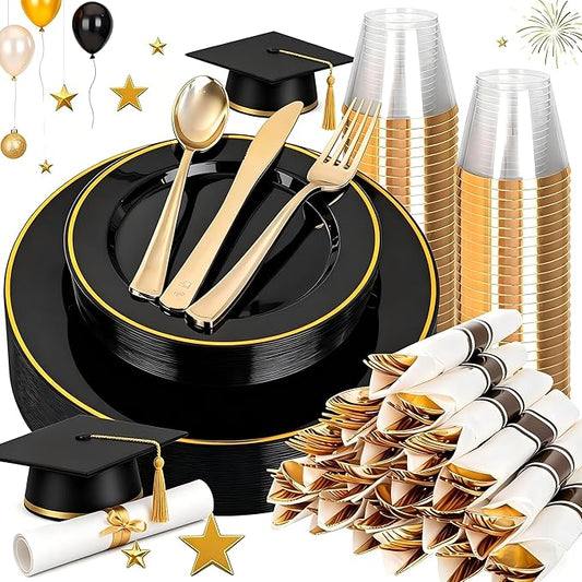 SUT 175 Pcs Black and Gold Plastic Dinnerware Set for 25 Guests, Include: 25 Dinner Plates, 25 Dessert Plates, 25 Pre Rolled Napkins With Silverware, 25 Cups, Disposable Plates for Party