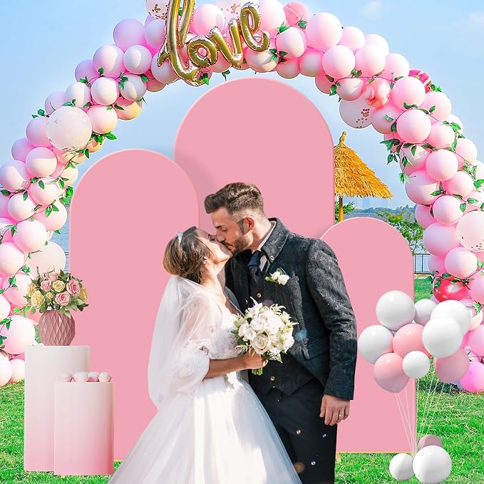Gawicpy Wedding Arch Backdrop Stand Set Metal Arch Backdrop Stand with Wedding Arch Cover, Wedding Balloon Arch Backdrop Stand for Birthday, Baby Shower, Anniversary (Pink, 4FT+5FT+6FT)
