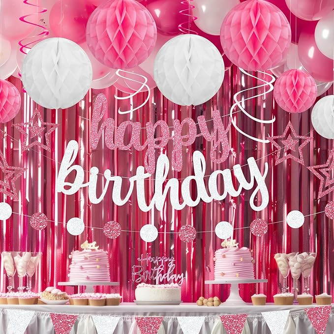 Pink Birthday Party Decorations Set - Pink and White Happy Birthday Banner Balloons Foil Curtains Hanging Swirls for Girls Birthday Party Supplies