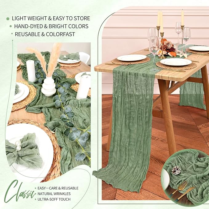 2 Pack Cheesecloth Table Runner 10FT Sage Green Table Runner Boho Gauze Cheese Cloth Table Runners Long Rustic Sheer Table Decorations for Wedding Party Baby Bridal Shower Birthday Holiday Home