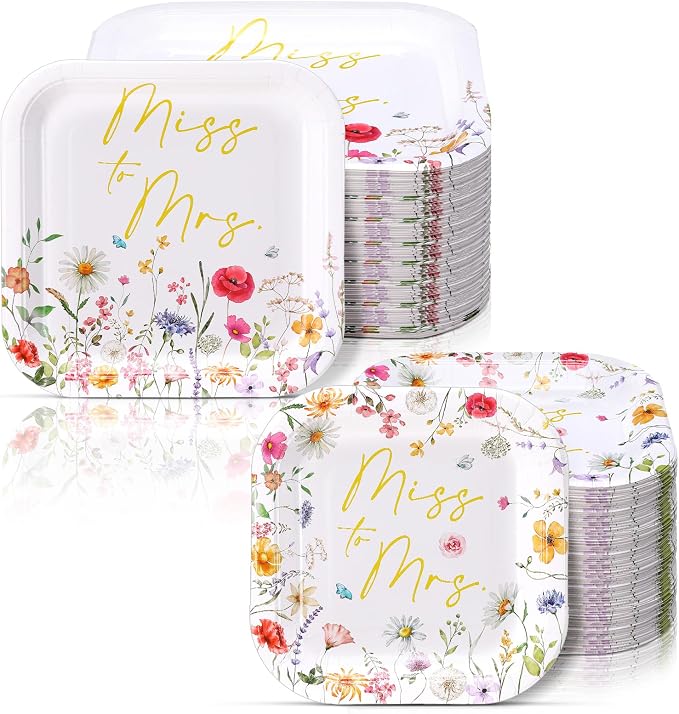 Umigy 100 Pcs Paper Plates Flower Dinner 9'' Floral Disposable Paper Plates 7'' Square Dessert Set for Dinner Birthday Wedding Baby Shower Party Tableware(Pink and Gold,Miss to Mrs)