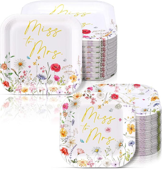 Umigy 100 Pcs Paper Plates Flower Dinner 9'' Floral Disposable Paper Plates 7'' Square Dessert Set for Dinner Birthday Wedding Baby Shower Party Tableware(Pink and Gold,Miss to Mrs)