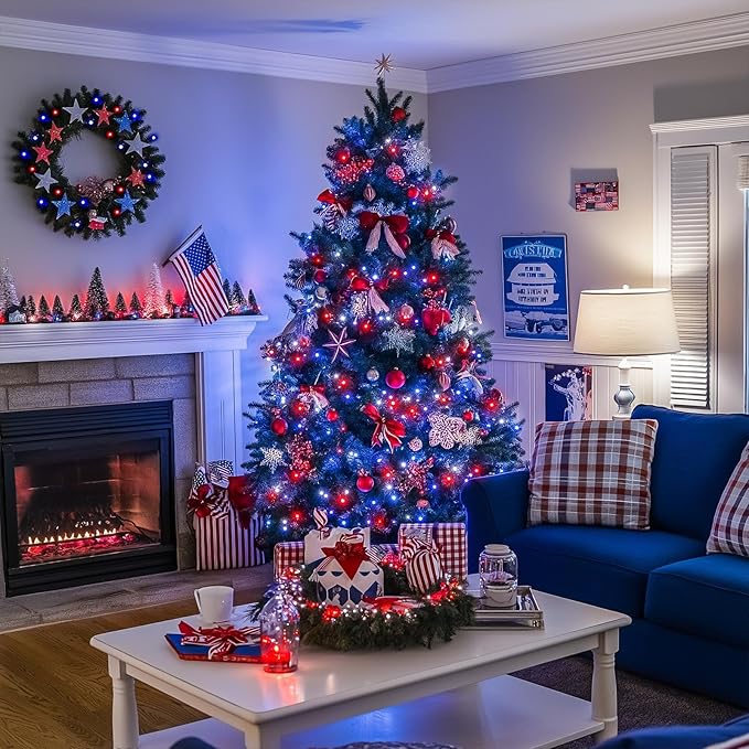 JMEXSUSS 250 LED Red White and Blue Lights, 91.5ft Patriotic Lights Plug in | Connectable, Green Wire, Waterproof, 8 Modes, Indoor/Outdoor Use, Tree Yard Patio Home Decor, Perfect for 4th of July Day