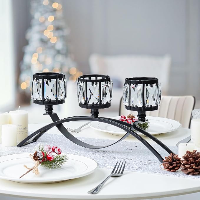Black 3-Arm Crystal Candle Holders Arched - Elegant Tabletop Candelabra Centerpiece for Weddings, Dining Room Decor, Modern Home & Cabinet Display for & Housewarming