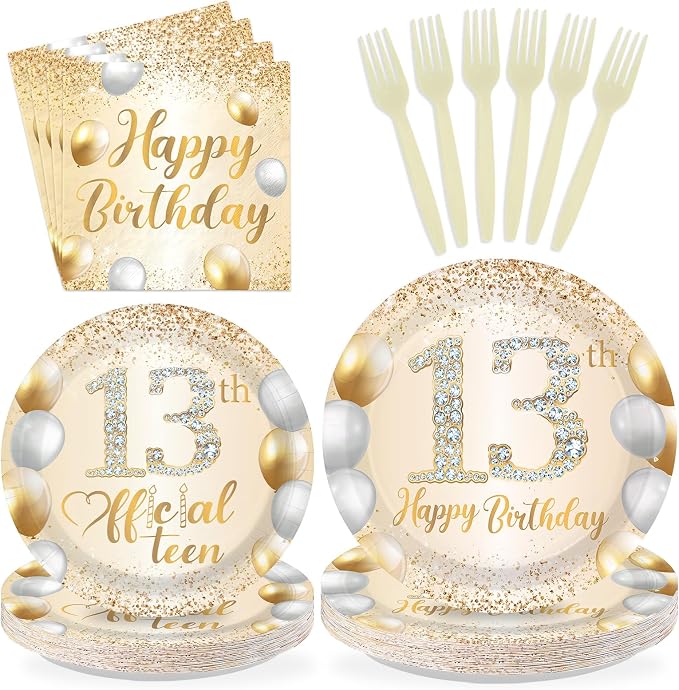 96Pcs Happy 13th Birthday Decorations Official 13 Teen Plates and Napkins Tableware Set White and Gold Glitter Thirteen Birthday Decorations for Girls 13 Years Old Birthdays Party Supplies Serves 24