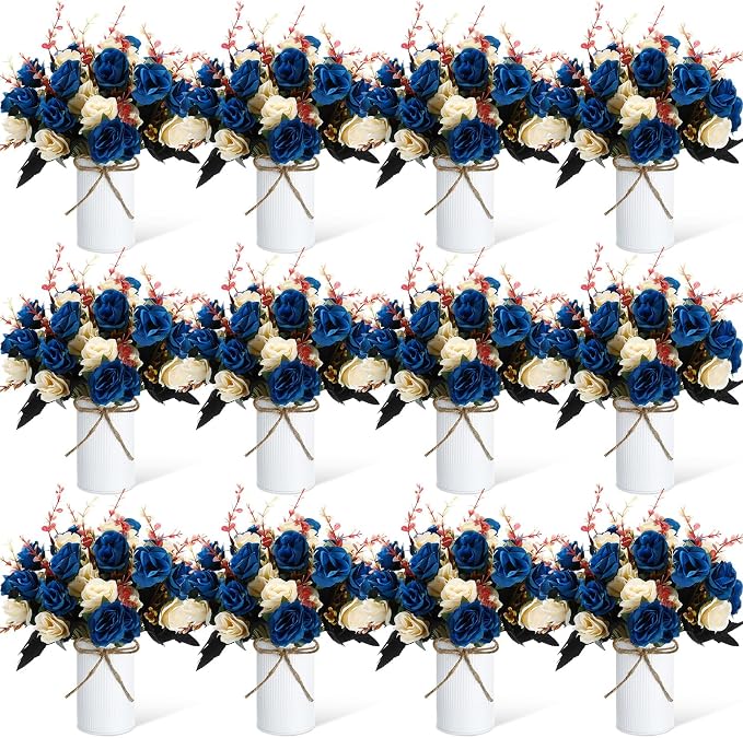 Domensi 12 Sets Wedding Centerpiece for Table Artificial Rose with Vase Fake Bouquets and Metal Pot Flower Arrangements for Bridal Shower Birthday Party Event Table Decor (Dark Blue)