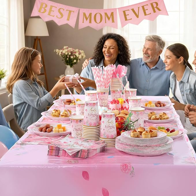 LemonRoad 452 Pcs Mother's Day Decoration for 50 Guests, Pink Gold Floral Happy Mother's Day Paper Plates Napkins Cups Tablecloth Cutlery Straws Disposable Tableware for Best Mom Ever Party Supplies