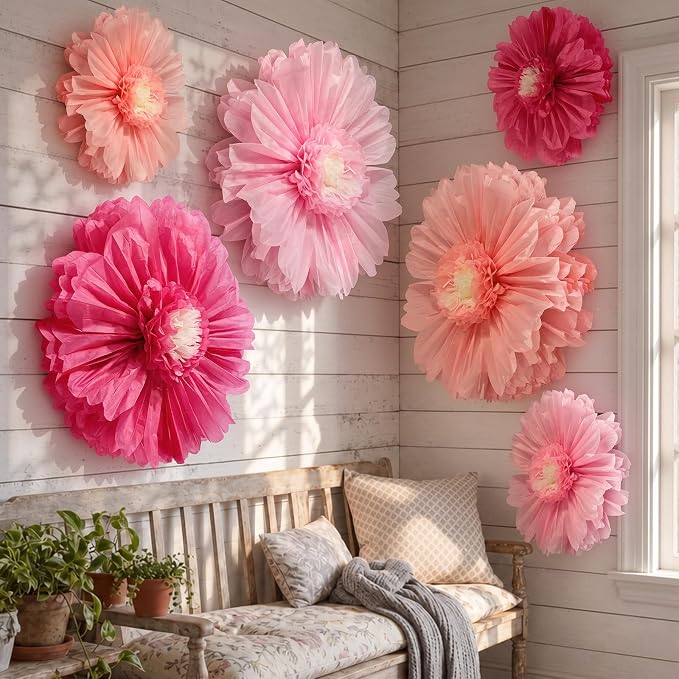 Giegxin 6 Pcs 31.4", 24" Pink, Rose Red Giant Paper Flowers Big Pink Tissue Flowers for Wall Decorations Jumbo Crepe Floral for Wedding Tea Party Baby Shower Classroom Bulletin Board Birthday Backdrop