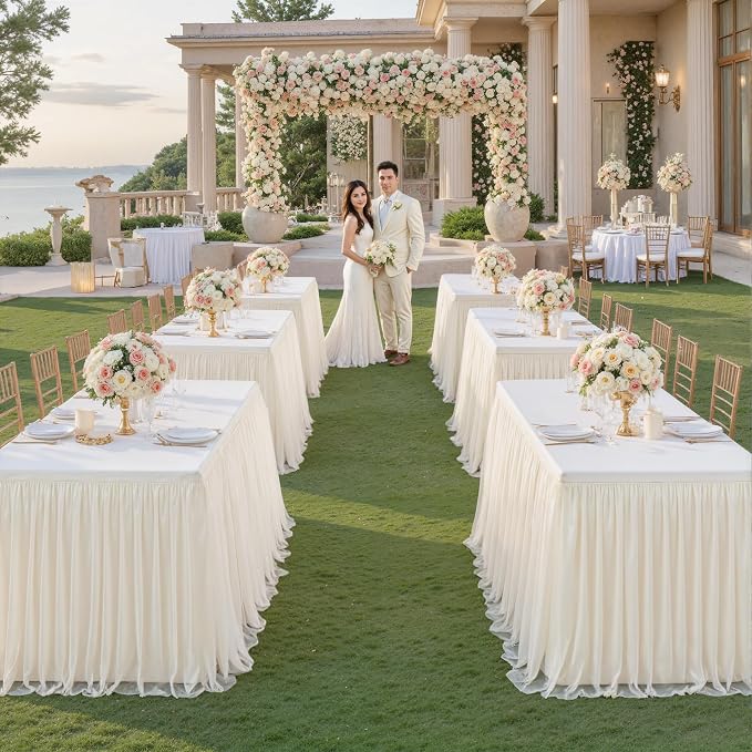 Ivory Tablecloth Rectangle 6 Foot Stretch Fitted Elastic Tulle Ruffle Tablecloths Rectangular Spandex Table Covers 6ft Birthday Baby Shower Party Wedding Ivory Table Cloth Rectangle with Skirt