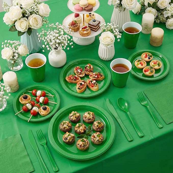 352 Pcs Green Plastic Plates Party Set, 50 Guests Disposable Dinnerware Set with Green Tablecloths, Fresh Green Plastic Plates Party Set for Garden Party/BBQ/St. Patrick's Day/Eco-Theme Event