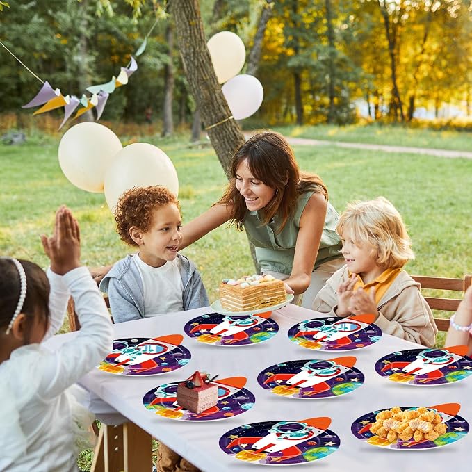 OBUSATT 60 PCS Rocket Ship Paper Plates 9In Outer Space Birthday Party Supplies Astronaut Galaxy Planet Tableware Decoration Space Theme Disposable Dinnerware for Kids Baby Shower Birthday Party Favor
