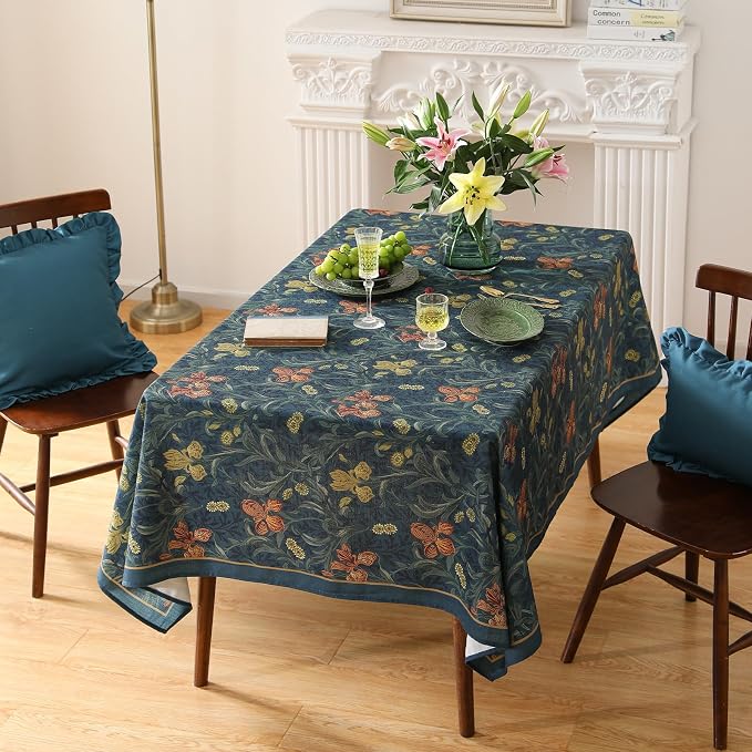 patdrea Vintage French Linen Tablecloth,Rectangular,94"x63"-Herbert C | Elegant Large Table Cloth for Rectangle Table,Navy Blue Floral Patterned,Dining Room Tea Party Thanksgiving Coffe Table