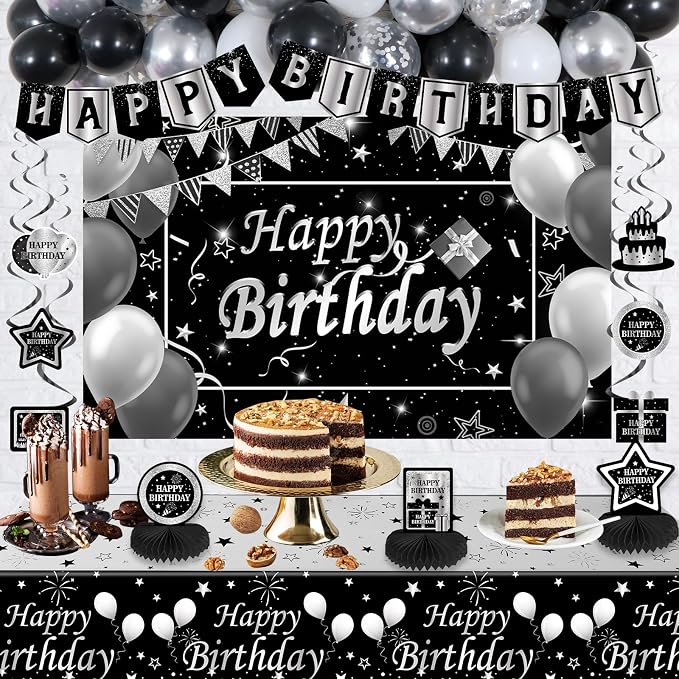 Black and Silver Birthday Decorations, BIack Birthday Decoretions for Men Women Boys Girls with Black Happy Birthday Banner Tablecloth Backdrop Balloons Arch Garland Kit Decorations Party Supplies