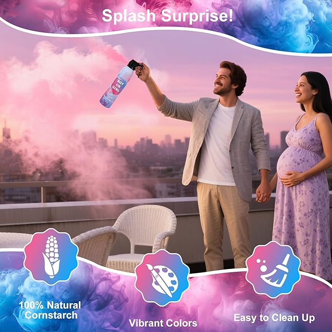 Large Gender Reveal Smoke Bombs 2 Packs, Pink & Blue Biodegradable Powder Spray for Baby Boy or Girl Reveal, Long-Lasting 10ft Smoke Effect, Unique Gender Reveal Ideas & Party Decorations