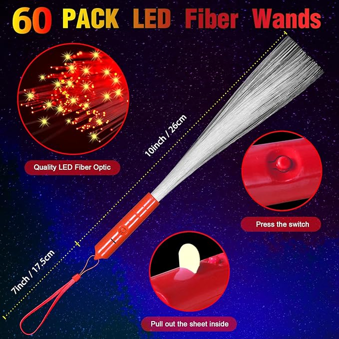 60 Pack Red Fiber Optic Wands Glow Fiber Wands Bulk LED Light Up Wands with 3 Flashing Modes LED Flashing Sticks for July 4th Halloween Christmas Valentine's Day Wedding Birthday