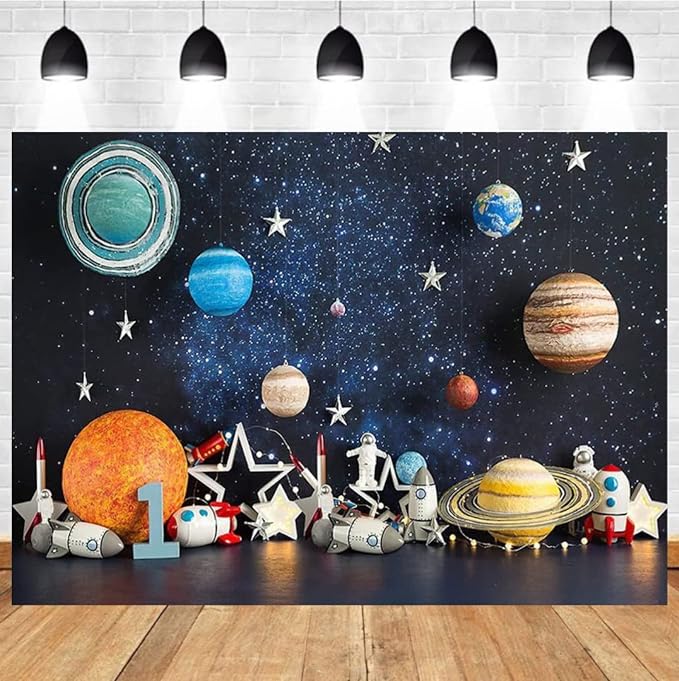 Outer Space Photography Backdrop Universe Planet Star Galaxy Astronaut Rocket Kids Birthday Party Decoration Boy Portrait Photo Background Birthday Party Cake Table Banner Vinyl,8x6ft