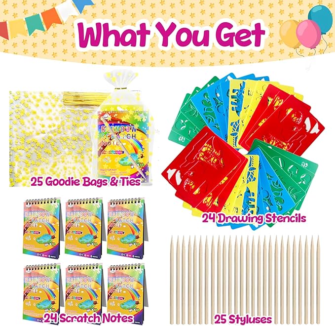 Decojoy Party Favors for Kids 4-8, Scratch Art Birthday Return Gifts, Bulk Rainbow Scratch Paper Notebook 24 Set with Reusable Stencils, Christmas Goodie Bags Stuffers for Girls Boys School Classroom
