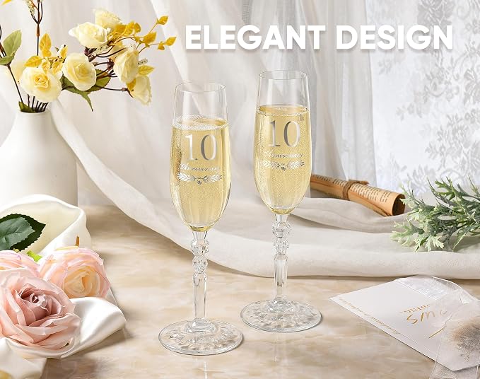 10th Anniversary Decorations Gifts for Couple, Classical Style 10th Wedding Anniversary Champagne Flutes Glasses, Crystal Champagne Glasses Set of 2, Gifts for husband, wife, Couple