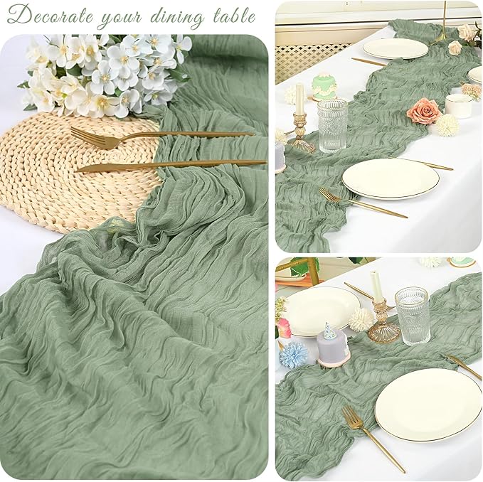 10 Pack Cheesecloth Table Runner 17 x 108 inch Long Boho Gauze Table Runners Semi Sheer Table Runner for Wedding Decor, Baby Shower, Birthday Party, Banquet (Sage Green)