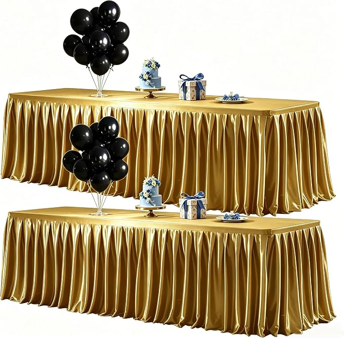 Wish Care 2 Pack Satin Table Cover Skirts for 8ft Rectangular Tables, Dark Gold Shimmer Silk Tablecloth with Floor Length Ruffle for Wedding Banquet Party Buffet Decoration