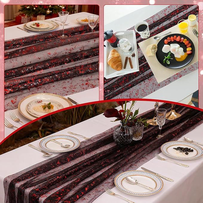 BINBE 6PCS Table Runner 10Ft Sheer Chiffon Fabric Cheesecloth Sequin Glitter Table Runner for Wedding Birthday Party Decor Black Red