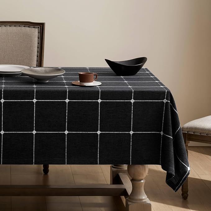 ZeeMart Grid Embroidered Hemmed Tablecloths, Charcoal 60x104 Inch, Farmhouse Style Heavy Weight Cotton Linen Dark Grey Tablecloths, Boho Plaid Water Resistant Rectangle Table Cloth