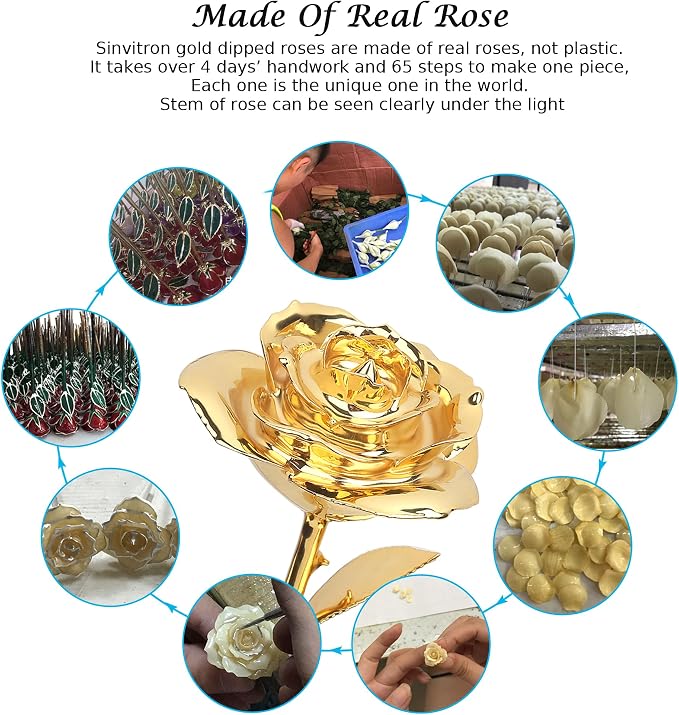 Sinvitron Gold Dipped Rose Real 24K Gold Rose, Hand Dipped One of a Kind Golden Roses, Romantic Gifts for Women on Valentines Day, Anniversary Mother’s Day (Golden)
